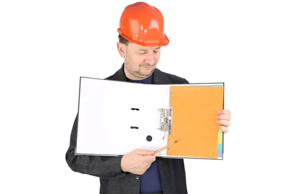工人的安全帽与打开的文件夹 — 图库照片