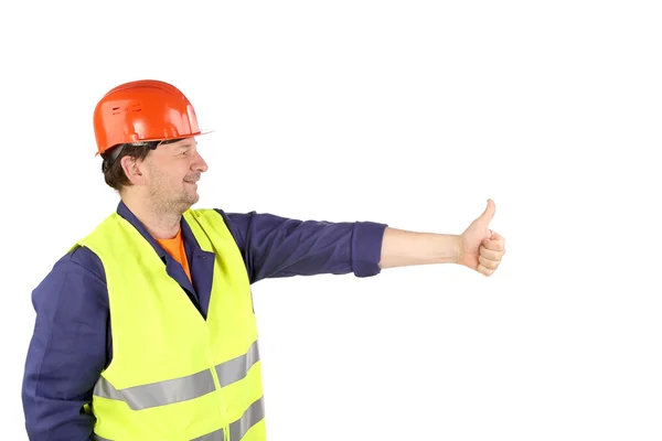 Trabajador en sombrero duro con la mano arriba . — Foto de Stock