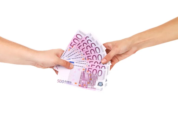 Manos con quinientos billetes en euros . — Foto de Stock
