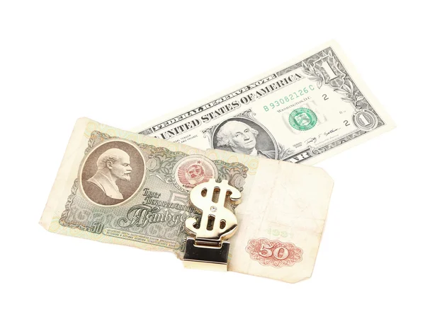 Billetes de rublo y dólar en clip de dinero . — Foto de Stock
