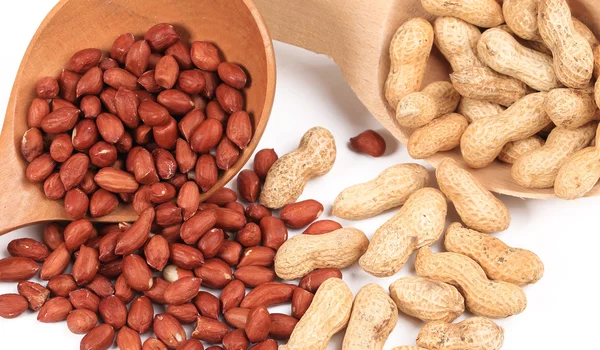 Two wooden spoons with peanuts. — Stock Photo, Image