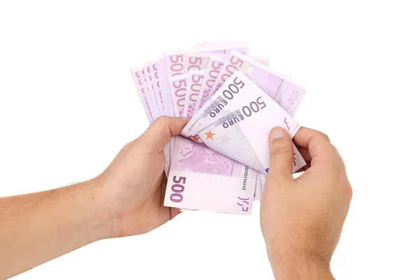 Billetes en euros en las manos como abanico . — Foto de Stock