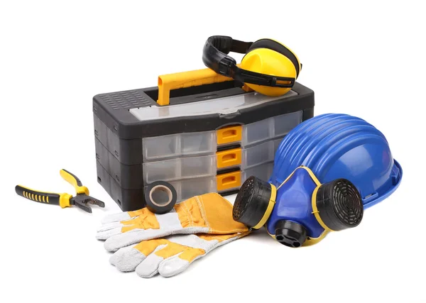 Plastic workbox with assorted tools. — Stock Photo, Image