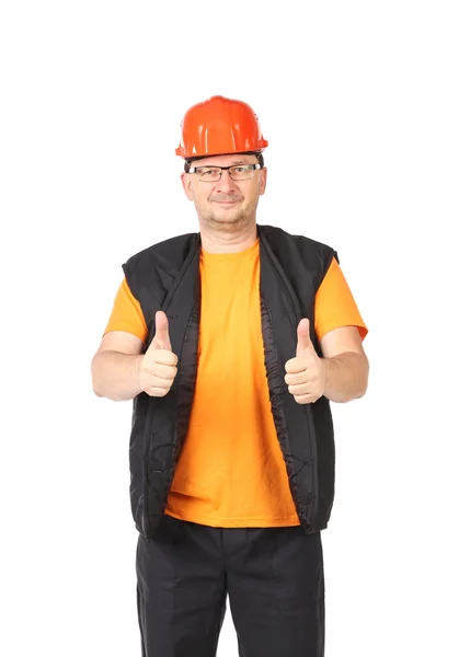 Homem de fato de trabalho e chapéu vermelho duro — Fotografia de Stock