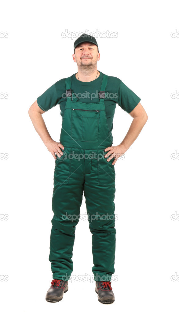 Worker in green overalls.