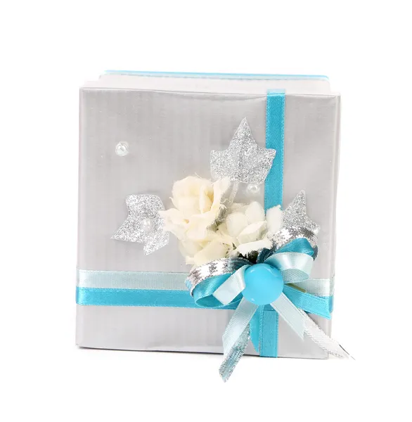 Gift box in white and blue package. — Stock Photo, Image