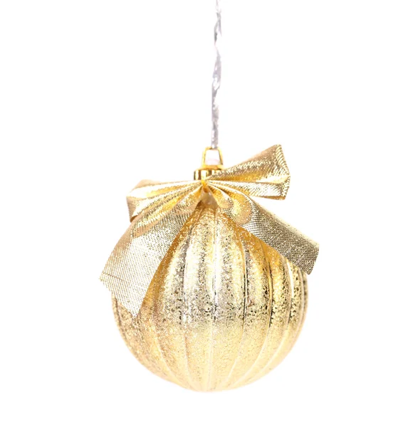 Golden christmas ball with ribbon. — Stock Photo, Image