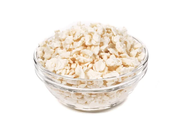 Cottage cheese in glass bowl. — Stock Photo, Image