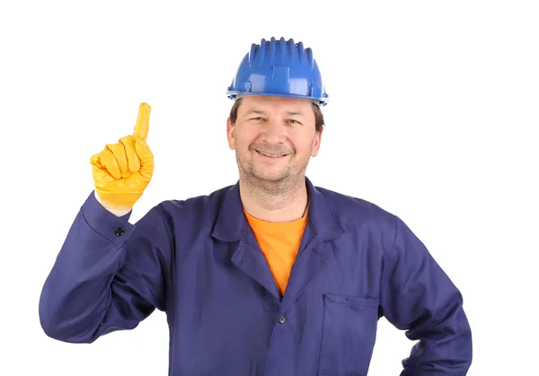 Worker shows hand attracting attention. — Stock Photo, Image