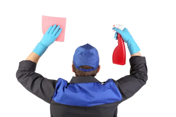 Man holds spray bottle and sponge. — Stock Photo, Image