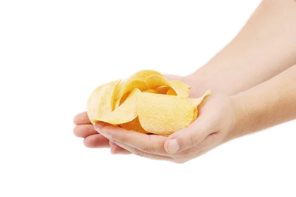 Potato chips on hands. — Stock Photo, Image