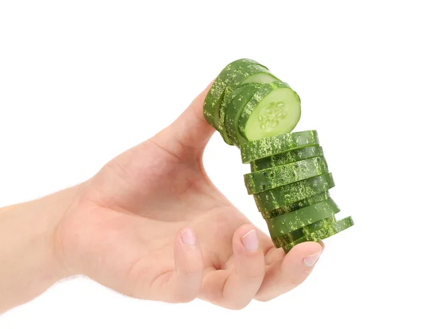 Hand houdt stapel sappige komkommer. — Stockfoto