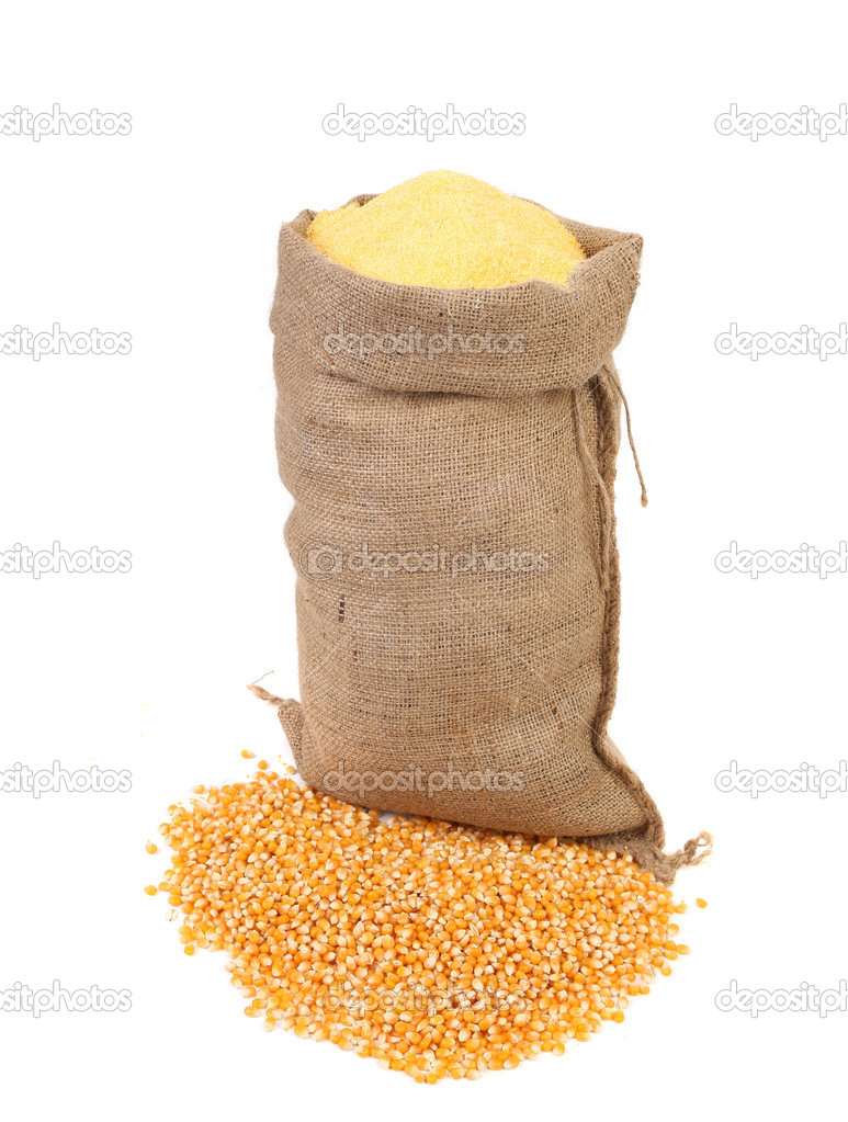 Sack with corn grains and flour.