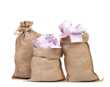 birçok euro banknot ile üç çanta.