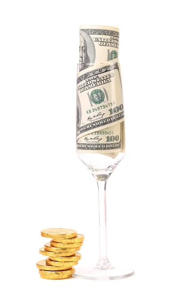 Champagne glass with money. — Stock Photo, Image