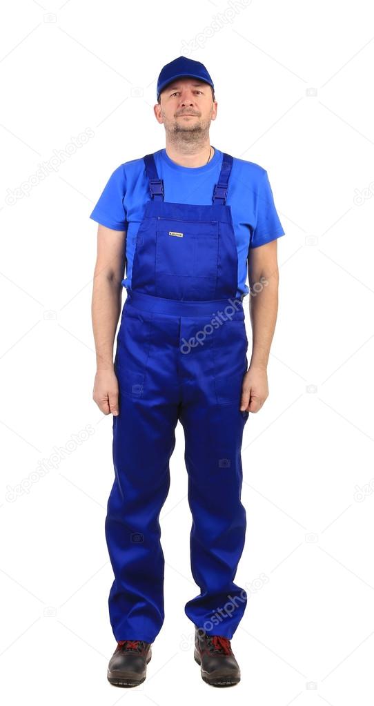 Worker in blue overalls