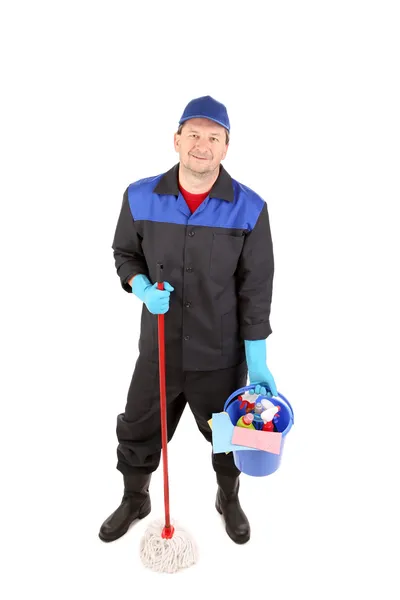 Man with mop and cleaning supplies — Stock Photo, Image