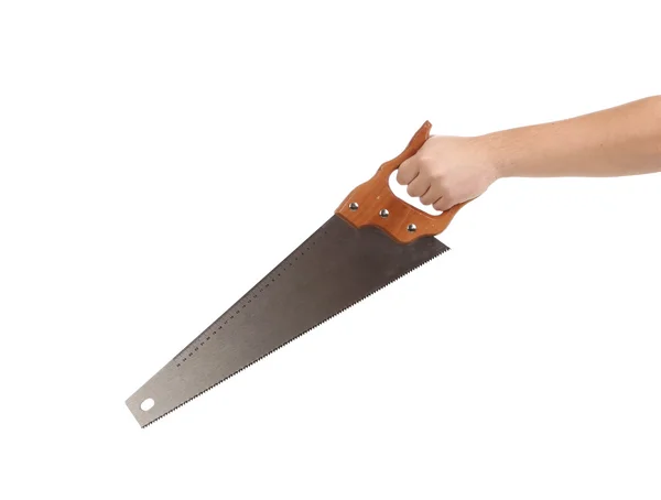 Hand in gloves with saw — Stock Photo, Image