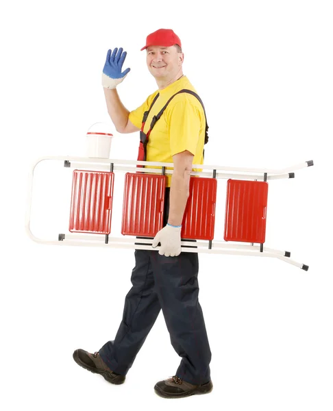 Worker with ladder smiling — Stock Photo, Image
