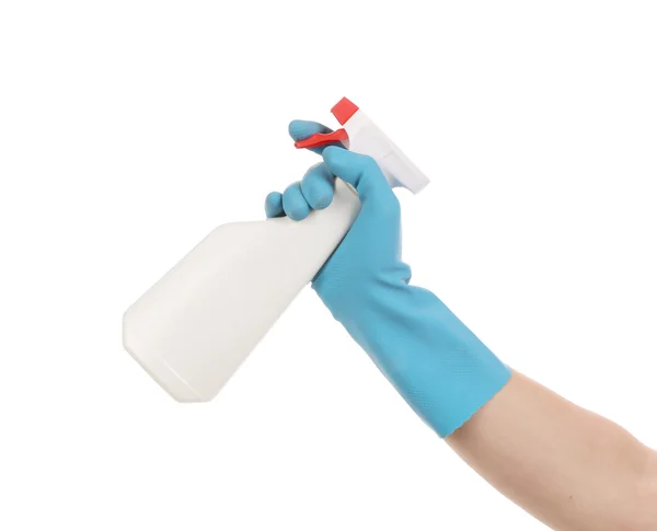 Mão em luvas segura frasco de spray — Fotografia de Stock