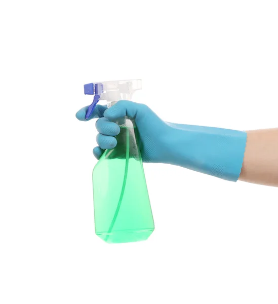 Mano en guantes sostiene botella de aerosol — Foto de Stock