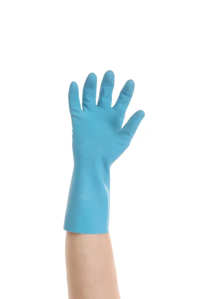 Hand in blauwe handschoen — Stockfoto