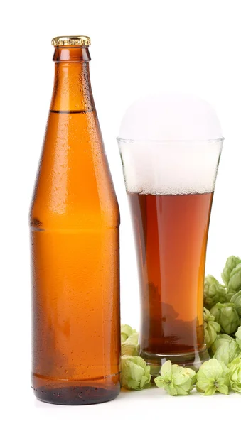 Beer in a glass and bottle with — Stock Photo, Image
