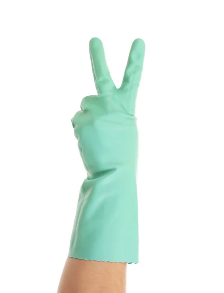Рука показывает два в резиновых перчатках — стоковое фото