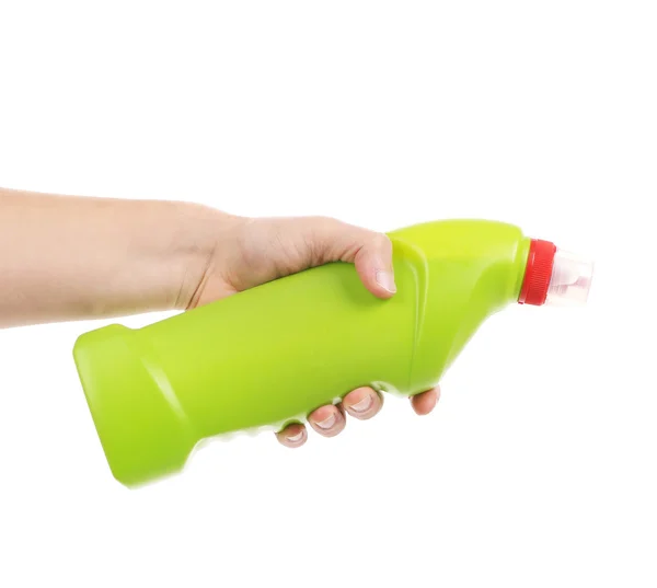 Tenuta a mano bottiglia di plastica bianca — Foto Stock
