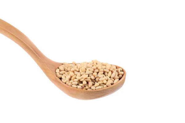 Wooden spoon full with pine nuts — Stock Photo, Image