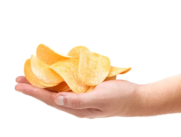 Potatis chips på en hand — Stockfoto
