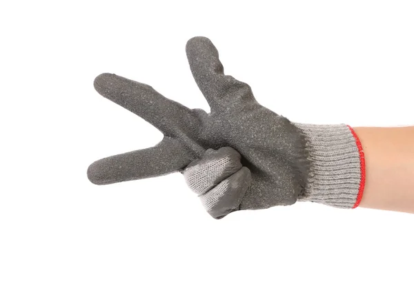 Hand toont er drie in rubberen handschoen — Stockfoto