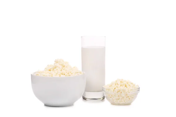 Cottage cheese and milk glass — Stock Photo, Image