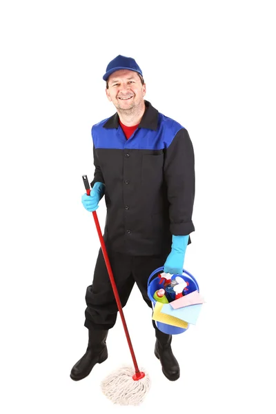 Hombre en ropa de trabajo con cubo y fregona — Foto de Stock