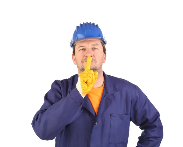 Worker with sign be quiet — Stock Photo, Image