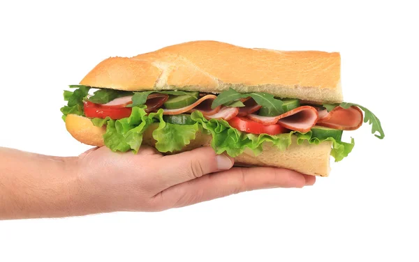 Sándwich fresco grande en las manos — Foto de Stock