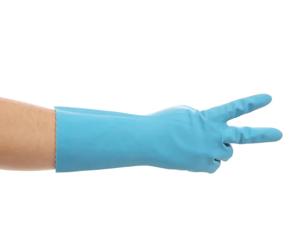 Hand shows two in rubber glove — Stock Photo, Image