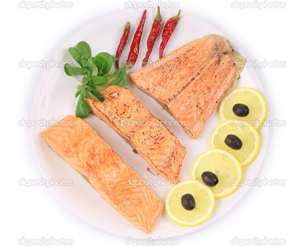 Slices of red fish fillet on plate