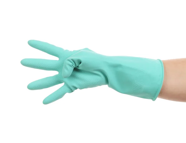 Hand toont vier in rubberen handschoen. — Stockfoto