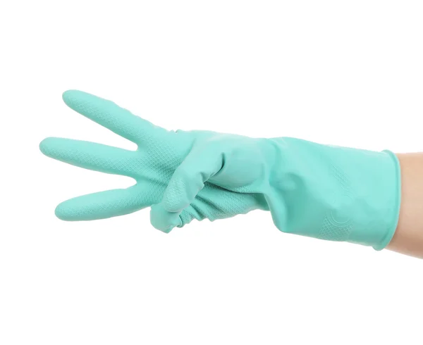 Hand shows three in rubber glove. — Stock Photo, Image