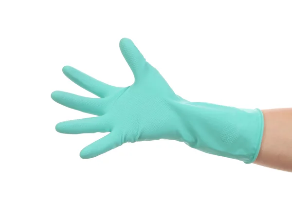 Hand in blauwe handschoen. — Stockfoto