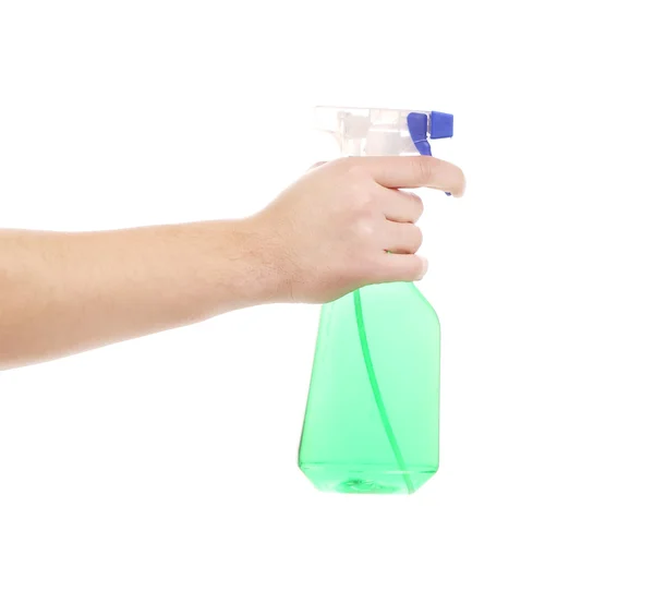 Kezében kék műanyag spray palackot. — Stock Fotó