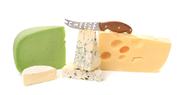 Various delicious cheese types with knife. — Stock Photo, Image