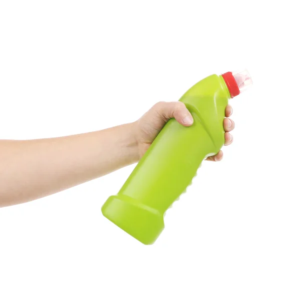 Hand bedrijf groene fles. — Stockfoto