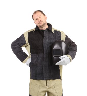 Kaynakçı man holding kaynak maskesi
