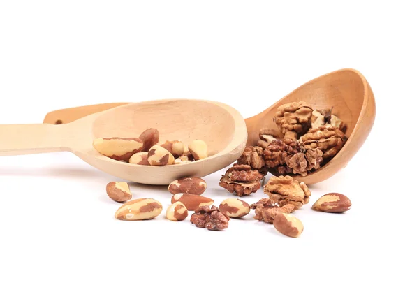 Lžíce s ořechy a para ořechy — Stock fotografie