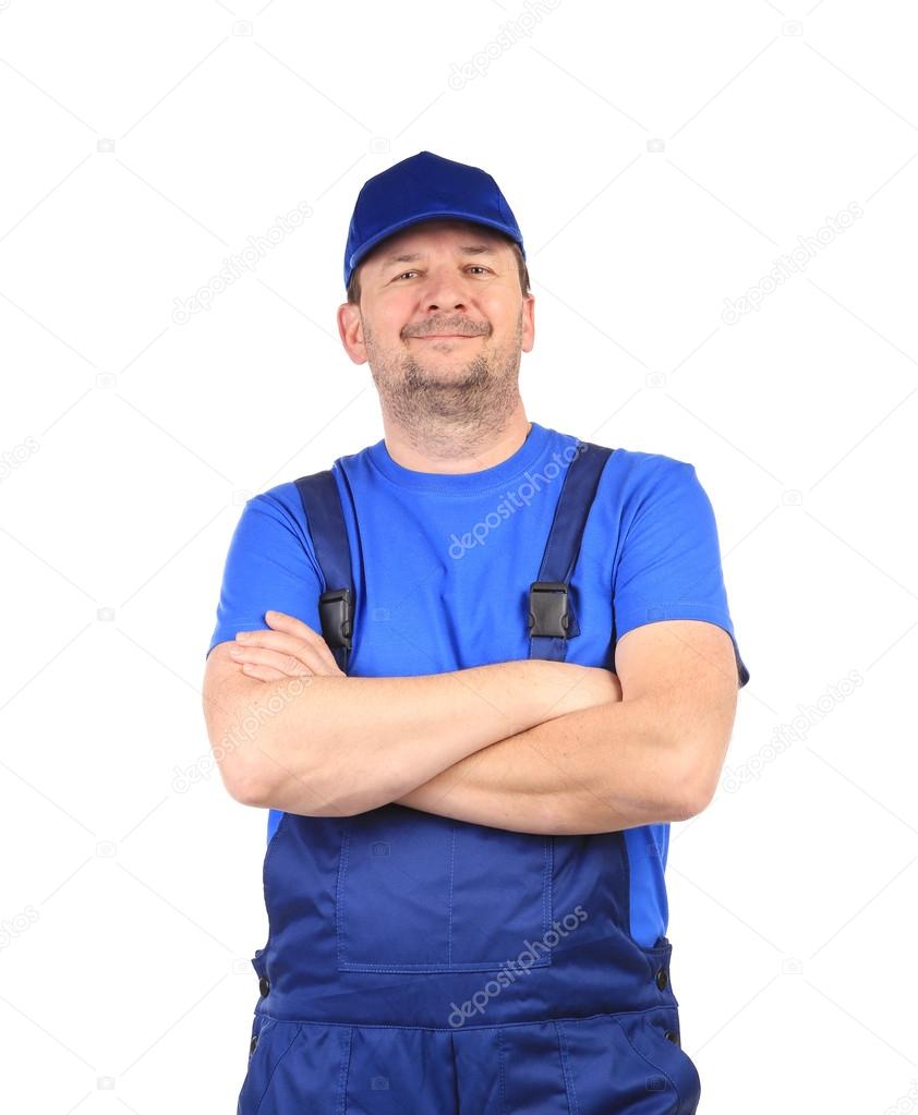 Man in blue overalls