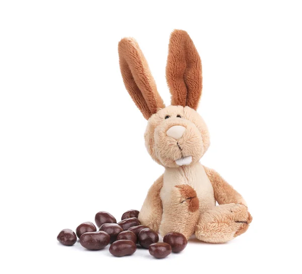 Pluizig Pasen konijn met bonbons. — Stockfoto