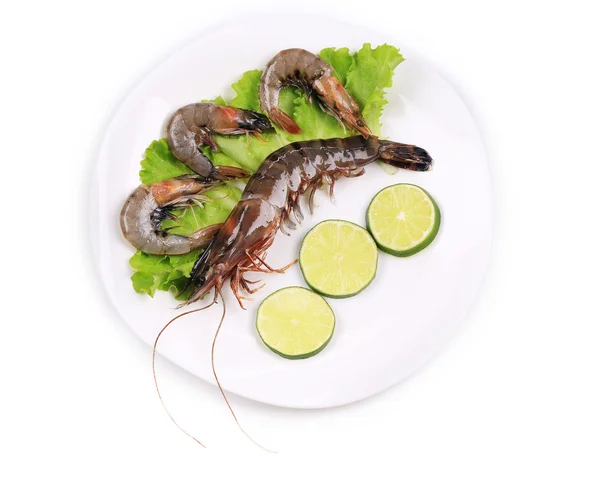 Crevettes tigrées crues sur plaque . — Photo