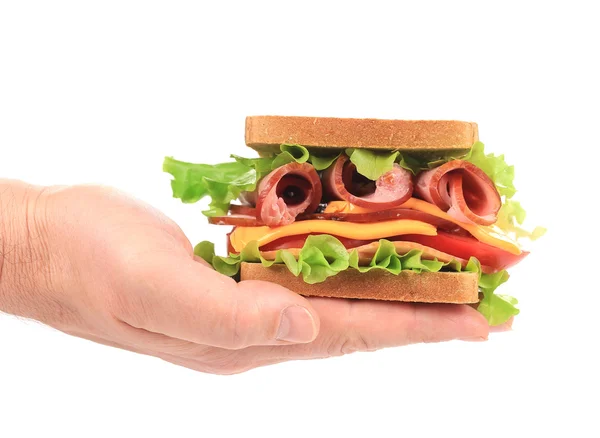 Big fresh sandwich in hands. — Stock Photo, Image